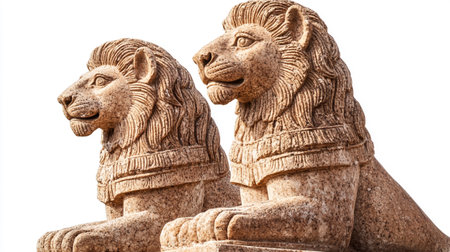 Statues of lions isolated on white background, ancient Egyptian architecture.の写真素材