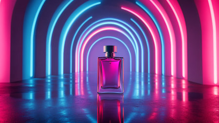 Perfume bottle on neon light background. 3D Renderingの素材