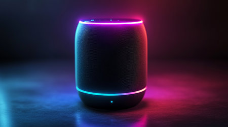 Sound speaker on a dark background with blue and pink lighting. 3d renderingの写真素材