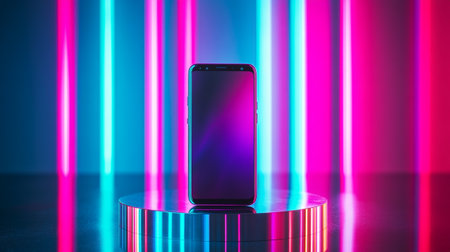 Smartphone mockup with neon light background. 3d rendering.の写真素材