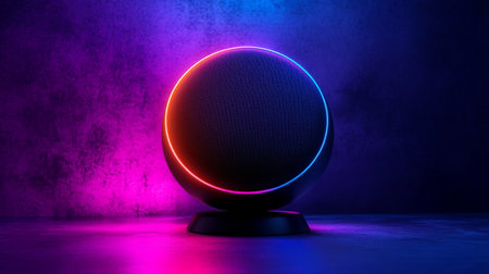 Turntable vinyl record player in neon light. 3d renderingの写真素材