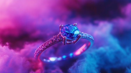 Wedding ring with blue and purple smoke background. Selective focus.の写真素材