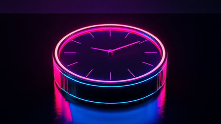 3d rendering of a clock with neon lights in the dark backgroundの写真素材