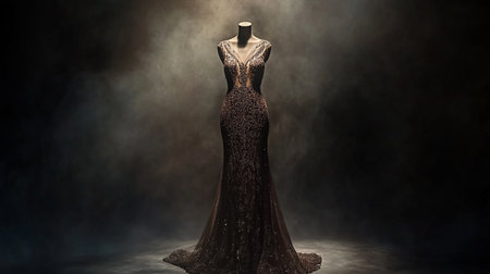 Fashionable evening dress on a mannequin in dark studioの写真素材