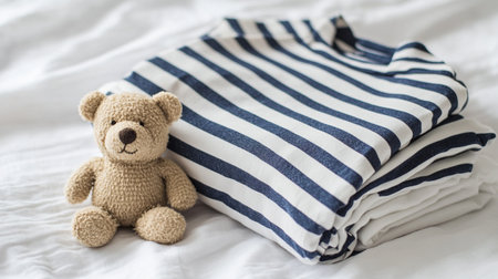 Teddy bear with striped shirt on white bed, soft focus.の素材
