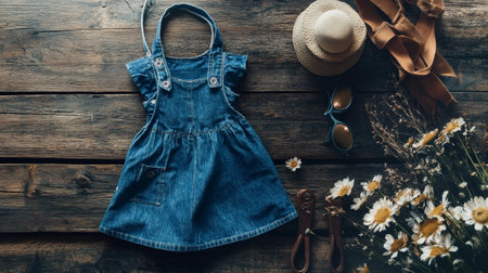Summer clothes and accessories on rustic wooden background. Top view.の写真素材