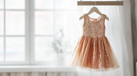 Beautiful dress hanging on hanger in room, space for textの写真素材