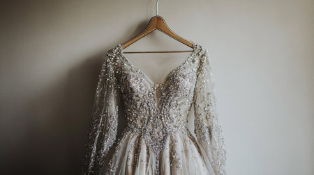 Wedding dress hanging on a wooden hanger. Wedding dressの素材