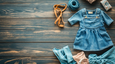 Baby clothes and accessories on wooden background. Top view with copy space.の写真素材
