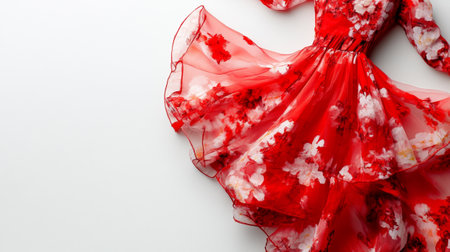 Crumpled red tulle fabric on white background with copy spaceの写真素材