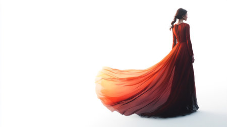 Young beautiful woman in a long red dress on a white background.の写真素材