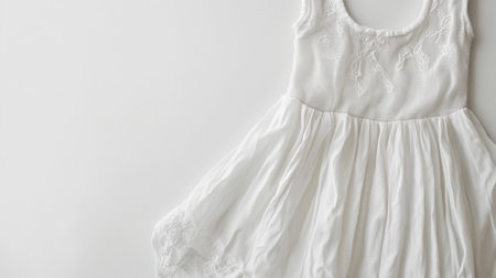 White baby dress on a white background, top view, copy spaceの写真素材