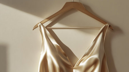Beige silk on a hanger on a white wall background.の写真素材