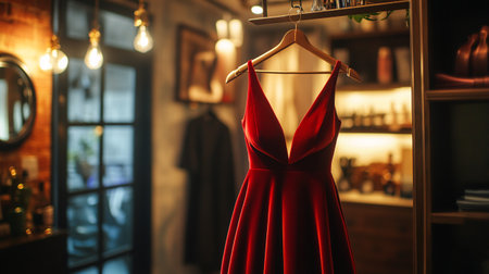 Red evening dress on a hanger in the store. Women's clothing.の写真素材
