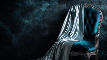 Luxury silk fabric on an armchair on a black backgroundの写真素材