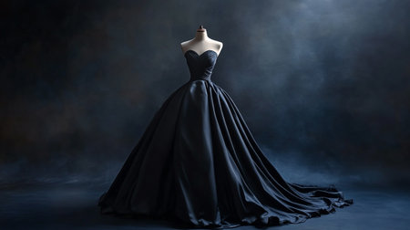 Black evening dress on a mannequin on a dark background.の写真素材