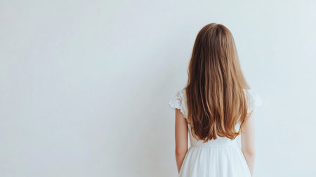 Back view of beautiful young woman in white dress standing against white wallの写真素材