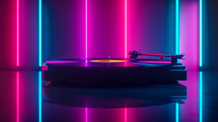 Turntable vinyl record player with colorful neon lights. 3d renderingの素材