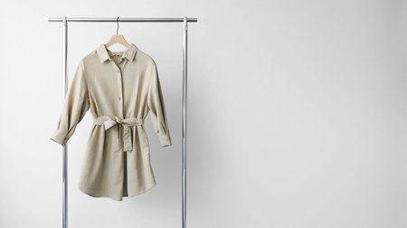 Beige coat on a hanger on a white background. Fashionable conceptの写真素材