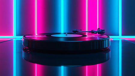 Turntable playing vinyl with colorful neon lights, 3d renderingの写真素材