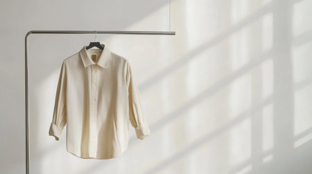 Men's shirt hanging on a hanger in a white room.の写真素材