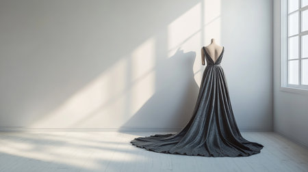 wedding dress on a mannequin in an empty roomの写真素材