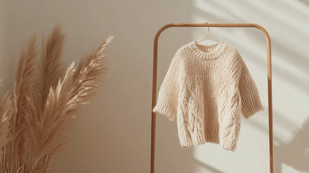 Stylish knitted sweater hanging on wooden hanger near white wallの写真素材
