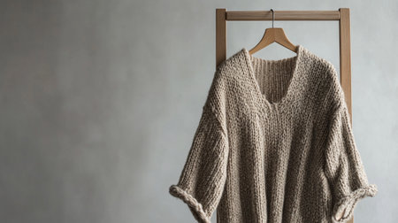 Warm knitted sweater hanging on wooden hanger on grey wallの写真素材