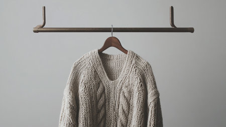 Warm knitted sweater hanging on wooden hanger on grey backgroundの写真素材