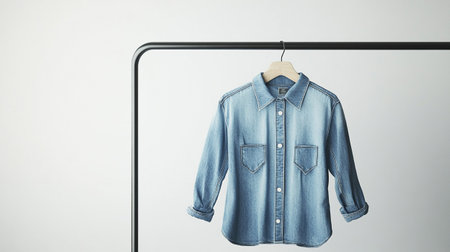 Denim shirt hanging on a clothes rack isolated on white background.の写真素材