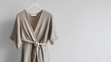Beige bathrobe on a hanger on a gray background.の写真素材