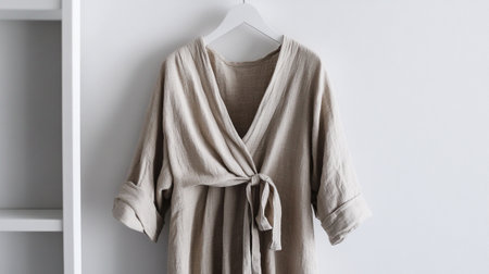 Warm beige bathrobe hanging on a white wardrobe rack.の写真素材