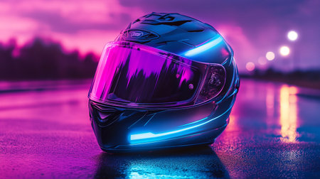 Modern motorcycle helmet on the road at night. 3d rendering.の写真素材