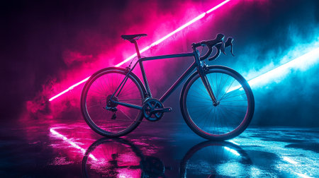 Bicycle on a dark background with neon lights and smoke. Copy spaceの写真素材
