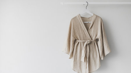 Beige bathrobe hanging on a hanger on a white wallの写真素材