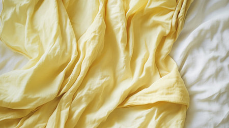 Close up of yellow fabric on white bed. Textile background.の写真素材