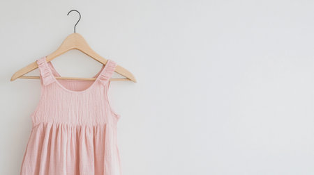 Pink dress hanging on wooden hanger over white wall with copy spaceの写真素材