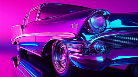Vintage car in neon light. 3D illustration. Retro car.の写真素材