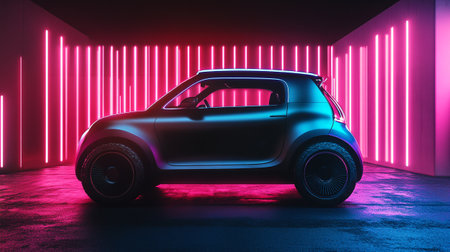3D rendering of a car with neon lights in a dark roomの写真素材