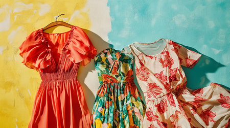 Colorful summer dresses hanging on the wall. Summer fashion concept.の写真素材