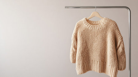 Stylish beige sweater hanging on hanger against light grey backgroundの写真素材