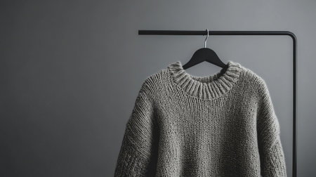 Warm woolen sweater on a hanger on a gray backgroundの写真素材