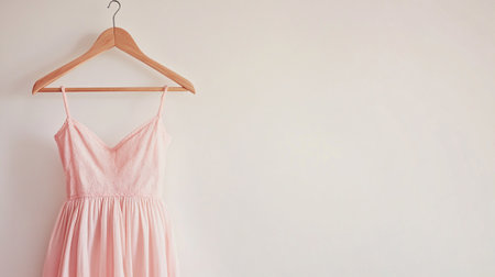 Denim shirt hanging on clothes rack against white wall.の素材