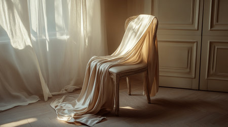 Elegant golden chair in the room. Light from the window.の写真素材