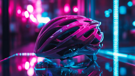 Bicycle helmet on the background of neon lights. Selective focus.の写真素材