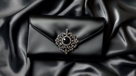 Black clutch on black silk background with a diamond ring in the centerの写真素材