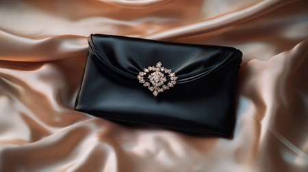 Luxury black clutch on satin background, close-upの写真素材
