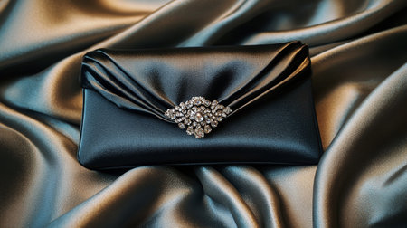 Black clutch with diamonds on the satin background, close-upの写真素材
