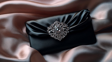 Luxury black clutch on satin background, close-upの写真素材