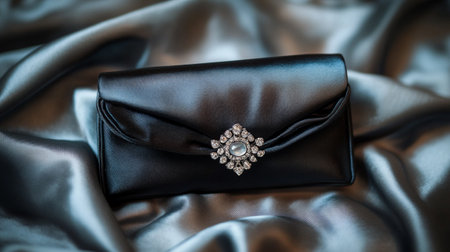 Elegant black clutch on satin background, close-upの写真素材